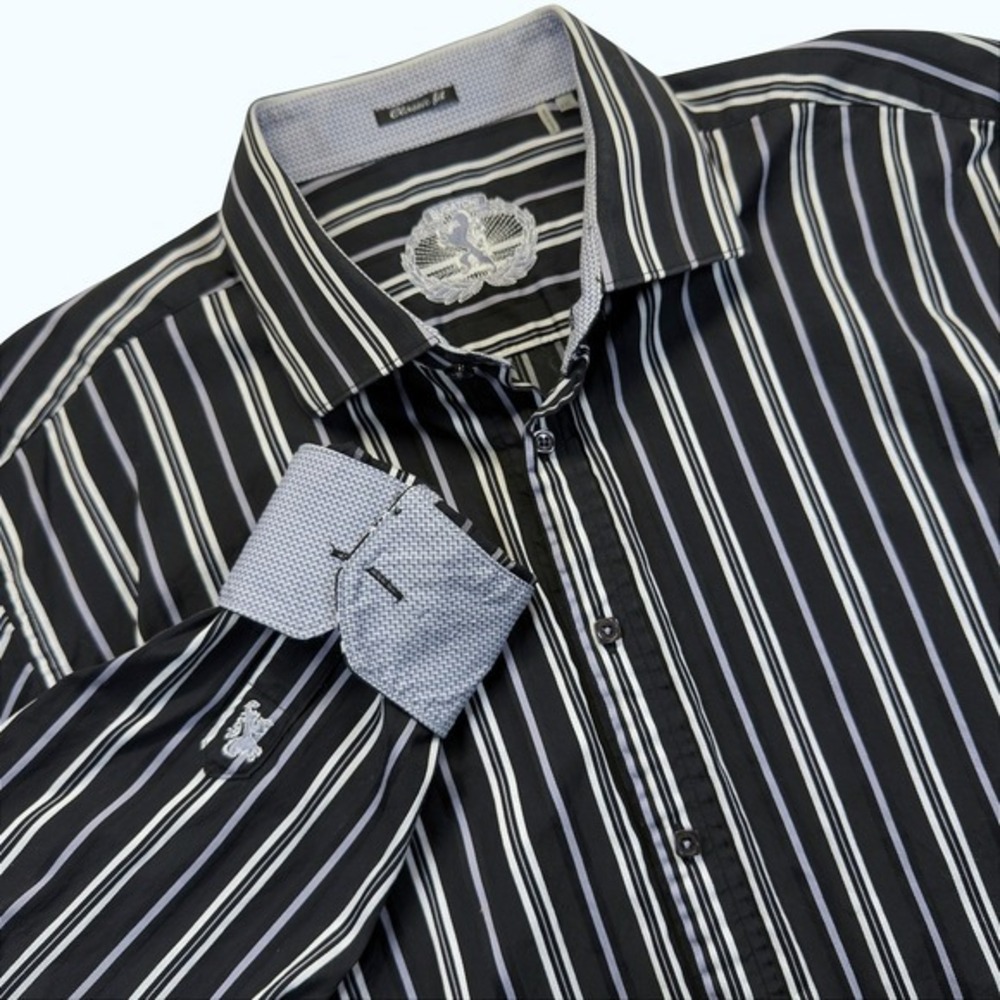 Bugatchi Men's 2XL Black White Striped‎ Cotton Button Up Contrast Cuffs
